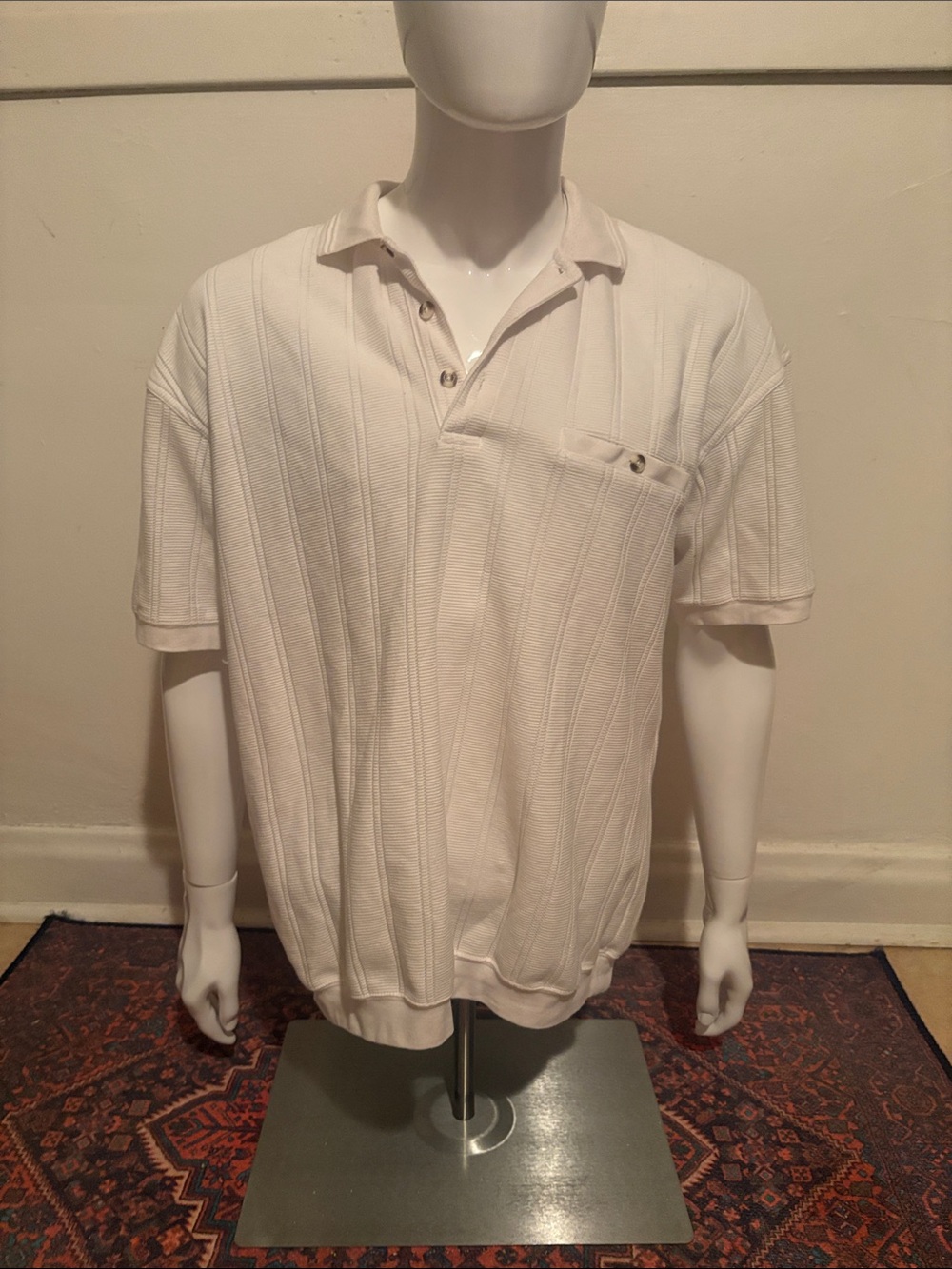 Men's White Short-Sleeve Textured Polo with Chest Pocket